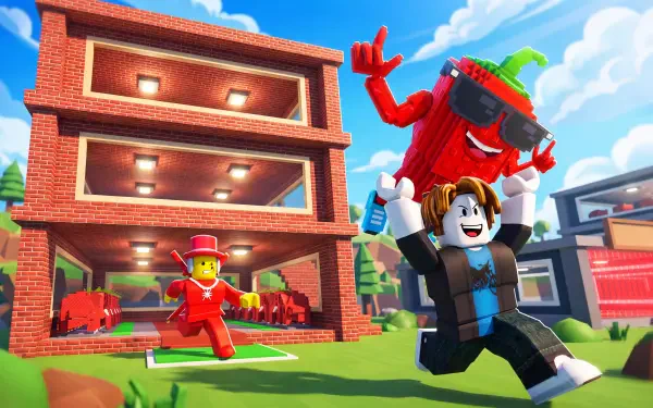 Roblox Steal a Brainrot avatars outside a brick house, featured in a vibrant 5K Ultra HD PC desktop wallpaper and background.