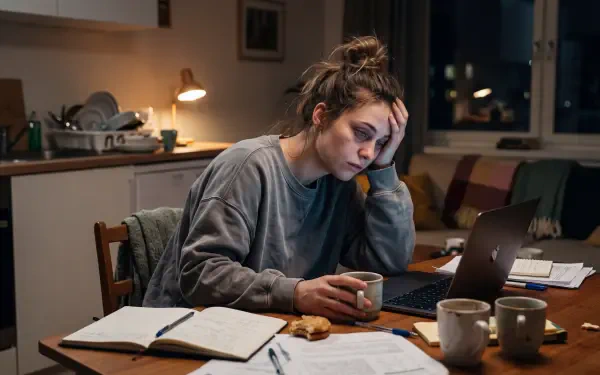 Tired woman studying on a laptop with coffee at her desk, 5K Ultra HD PC desktop wallpaper and background.