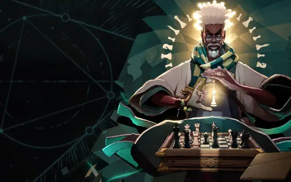Solomon from Deadlock (2024), a radiant wizard facing a chessboard in a dark, cinematic 4K Ultra HD PC desktop wallpaper.