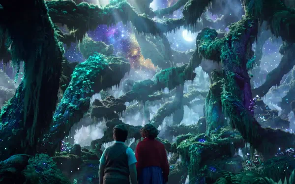 The Chronicles of Narnia: The Magician’s Nephew forest wallpaper, with two figures beneath towering magical trees, in 5K Ultra HD for PC desktop backgrounds.