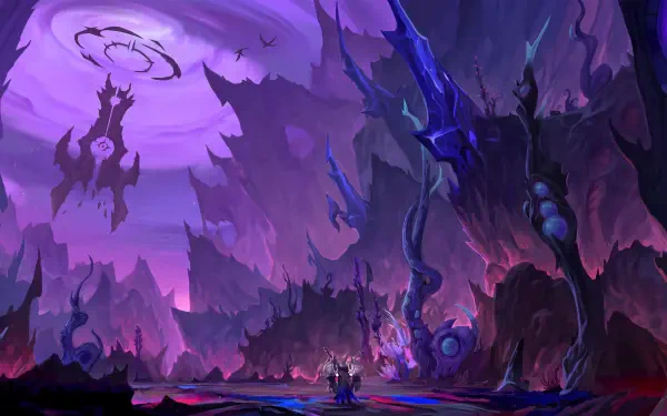 World of Warcraft: Midnight forest with towering purple trees and glowing blue roots, 5K Ultra HD PC desktop wallpaper.