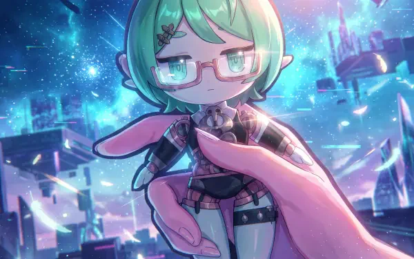 Roxy from Zenless Zone Zero, a mint-haired anime girl with glasses against a glowing futuristic city, in a 5K Ultra HD PC desktop wallpaper.