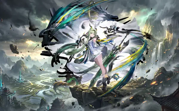 Si from Arknights: Endfield, an anime woman amid swirling teal ribbons and a stormy landscape, in a 5K Ultra HD PC desktop wallpaper.