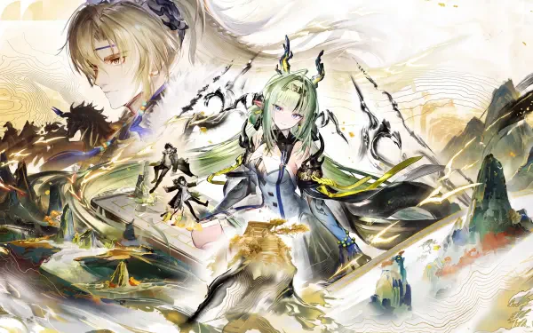Si from Arknights: Endfield amid flowing green-and-gold brushstrokes in a 5K Ultra HD anime girl PC desktop wallpaper.