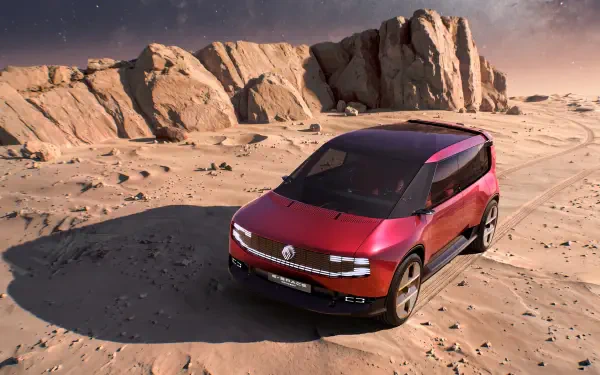 Red Renault E-Space SUV on a rocky desert landscape, featured in an HD desktop wallpaper.