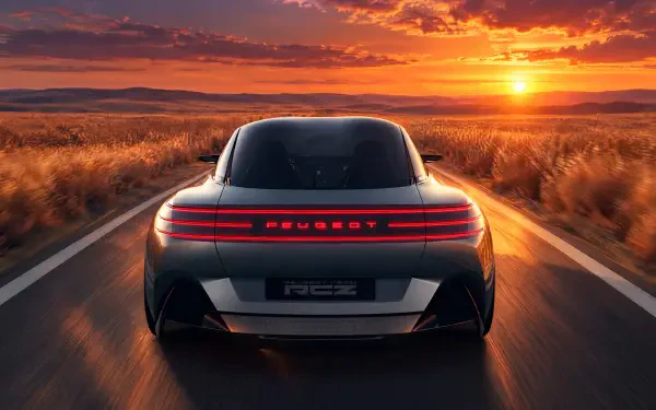 Peugeot RCZ Vision sports car on an open road at sunset, 4K Ultra HD desktop wallpaper