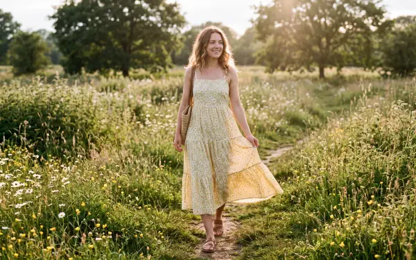Woman in a flowing sundress walking through a sunlit meadow, 5K Ultra HD desktop wallpaper background.
