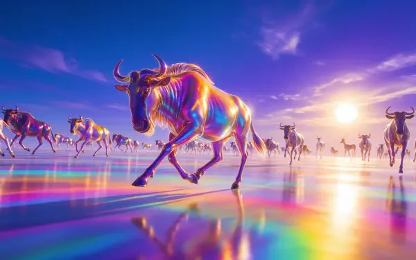 Colorful wildebeest stampede across a reflective landscape at sunset, 4K Ultra HD PC desktop wallpaper and background.