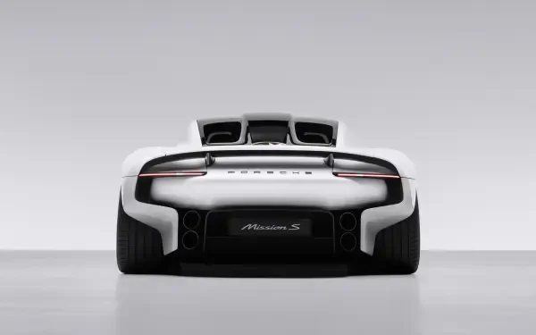 Rear view of a white Porsche Mission S supercar in a minimalist studio, featured in a 5K Ultra HD PC desktop wallpaper.