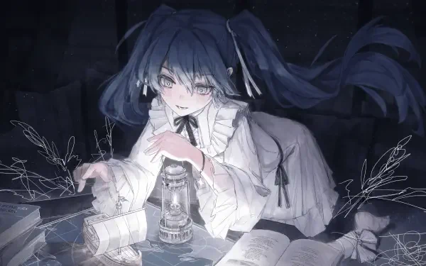 Hatsune Miku reading by lantern in a moonlit room, 4K Ultra HD PC desktop wallpaper and background.