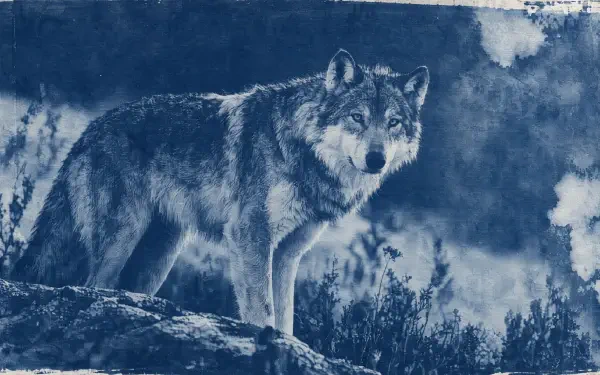 A gray wolf stands on a snowy mountain ridge in a blue-toned winter landscape, 4K Ultra HD PC desktop wallpaper.