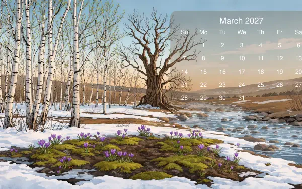 March 2027 calendar 4K desktop wallpaper featuring a snowy riverside landscape, bare trees, and purple spring flowers.