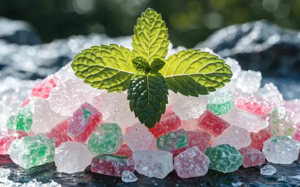 Fresh mint leaves atop colorful peppermint ice candies, 4K Ultra HD PC desktop wallpaper and background.