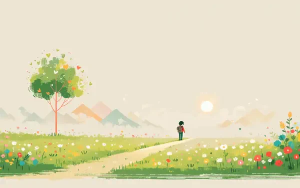 Wanderlust landscape with a flower-filled meadow, lone tree, distant mountains, and a traveler beneath a soft sun—4K Ultra HD PC desktop wallpaper.