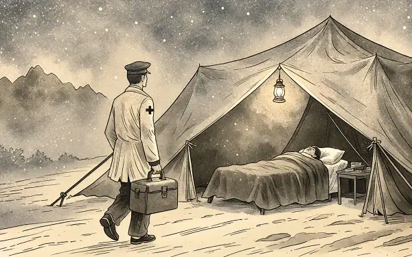 Vintage sepia illustration of a man with a medical armband beside a lit camping tent and bed, 4K Ultra HD desktop wallpaper background.