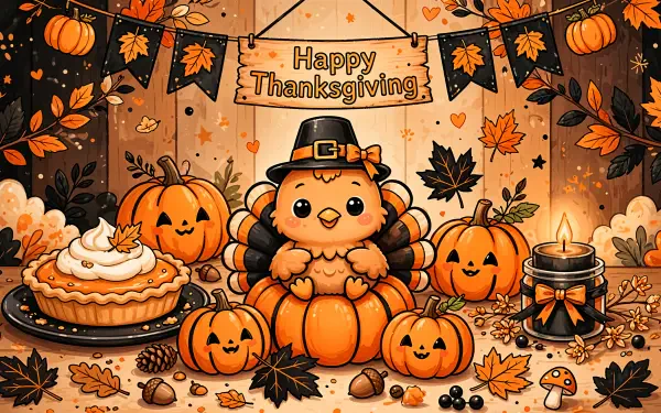 Cute Thanksgiving pumpkin pie scene with a cheerful autumn character and pumpkins, 4K Ultra HD PC desktop wallpaper and background.