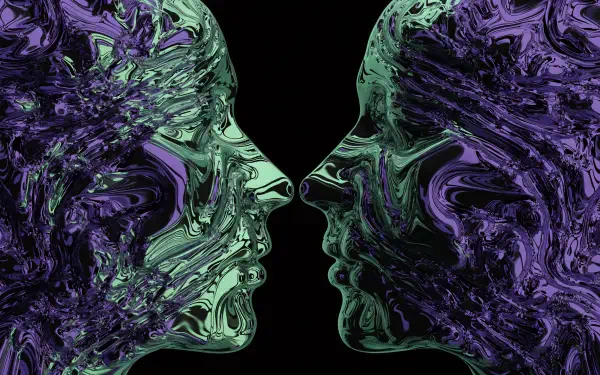 Abstract soulmate portrait of mirrored purple and green faces in profile, facing each other on a 4K Ultra HD desktop wallpaper.
