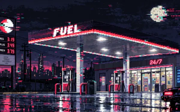 Neon gas station with glowing pumps and 24/7 convenience store on a rainy night, 4K Ultra HD PC desktop wallpaper background.