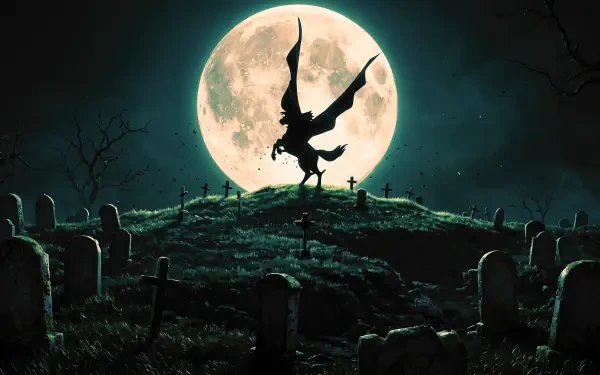 Vampire Hunter D anime wallpaper: a cloaked figure silhouetted against a full moon in a graveyard, 5K Ultra HD desktop background.