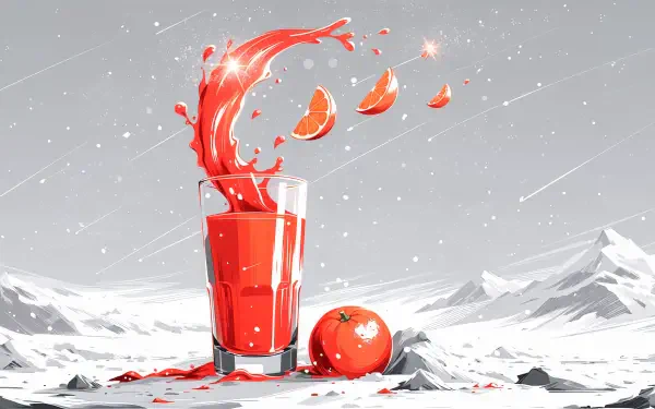 4K Ultra HD PC desktop wallpaper of a glass of tomato juice splashing beside a ripe tomato on a snowy mountain landscape.
