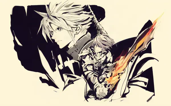 Cloud Strife with a fiery sword in anime manga art, Final Fantasy Resonance 4K Ultra HD PC desktop wallpaper.