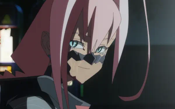 Talia Yang with pink hair and cybernetic eyes in a Cyberpunk: Edgerunners anime HD PC desktop wallpaper.