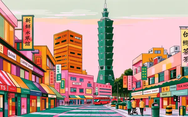 Colorful illustrated Taipei street scene with Taipei 101 rising above shops and traffic in Taiwan, 4K Ultra HD desktop wallpaper.