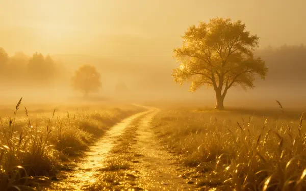 Golden foggy morning landscape with a winding path through tall grass and a lone tree, 4K Ultra HD PC desktop wallpaper and background.