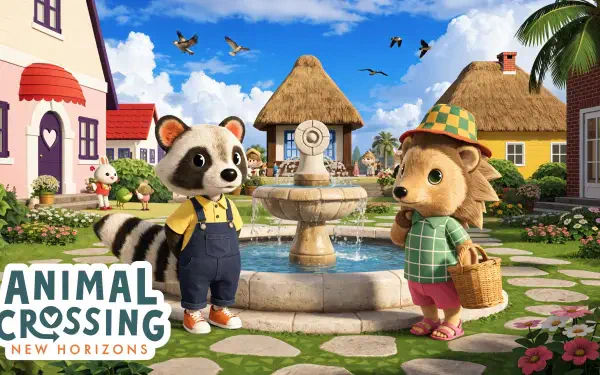 Animal Crossing cartoon animals by a village fountain, 4K Ultra HD PC desktop wallpaper and background