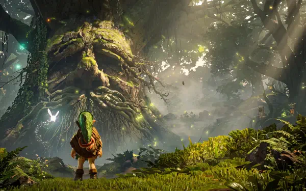 Link faces the ancient tree in a lush forest from The Legend of Zelda: Ocarina of Time, a 5K Ultra HD PC desktop wallpaper.