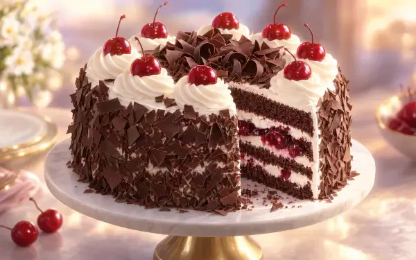 4K Ultra HD desktop wallpaper of a Black Forest chocolate cherry cake topped with whipped cream, cherries, and chocolate shavings.