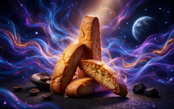 Golden biscotti bread loaf against a vibrant cosmic sky, 4K Ultra HD PC desktop wallpaper and background.