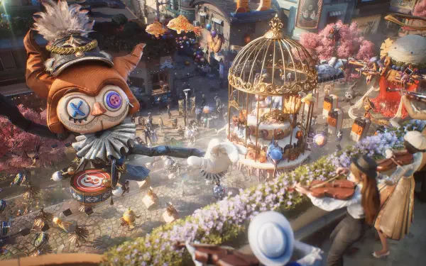 Ordinary Oddness steampunk HD PC desktop wallpaper featuring a whimsical rabbit, ornate birdcage, and bustling fantasy scene.