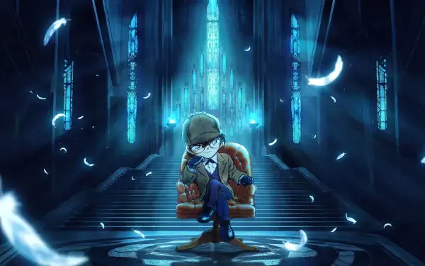 Detective Conan anime boy in a glowing blue futuristic hall, 2K Quad HD PC desktop wallpaper and background.