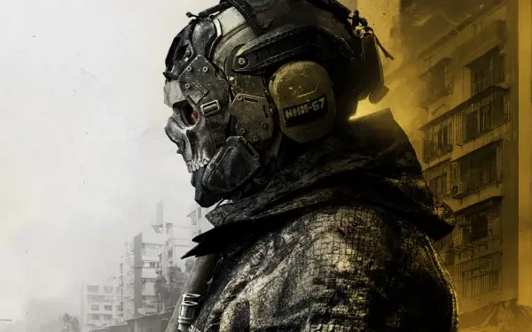 Call of Duty: Modern Warfare 4 Ghost soldier in a skull-pattern mask overlooking a ruined city, 2K Quad HD PC desktop wallpaper.