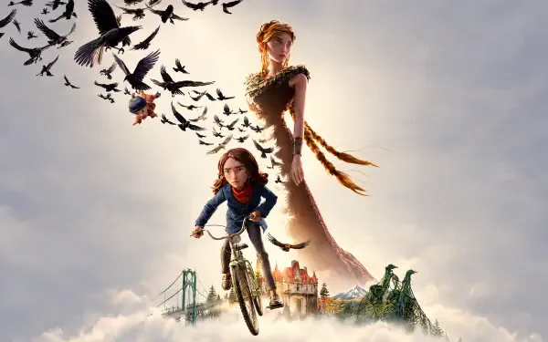 Wildwood (2026) 4K Ultra HD desktop wallpaper featuring a girl riding a bicycle with a boy and a flock of birds above a fantasy landscape.