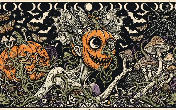 Dark Halloween 4K Ultra HD desktop wallpaper featuring an ornate orange owl, mushrooms, crescent moons, and spooky decorative patterns.