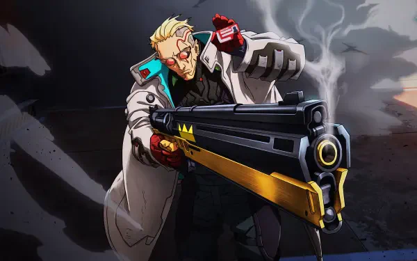 Kingsley from Cyberpunk: Edgerunners 2 wields a futuristic gun in this cyberpunk anime 5K Ultra HD desktop wallpaper.