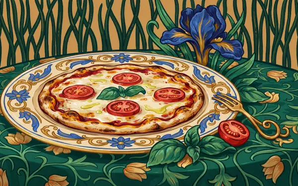 Illustrated margherita pizza on an ornate floral plate amid lush green leaves, a vibrant 4K Ultra HD PC desktop wallpaper and background.