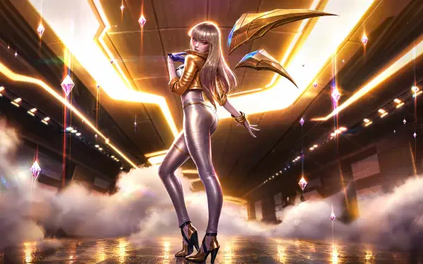 K/DA Kai’Sa performs on a glowing concert stage in this 4K Ultra HD PC desktop wallpaper.
