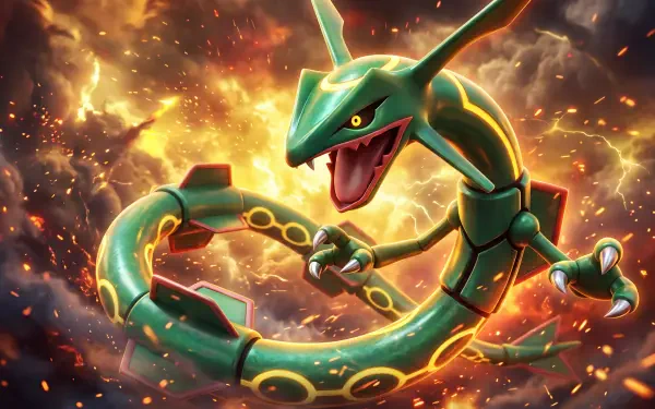 Rayquaza Pokémon coiling through a fiery burst of sparks, 5K Ultra HD PC desktop wallpaper and background