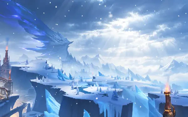 Genshin Impact 4K Ultra HD desktop wallpaper of an icy glacier landscape, with towering snowy mountains, blue ice cliffs, and a bright fantasy sky.