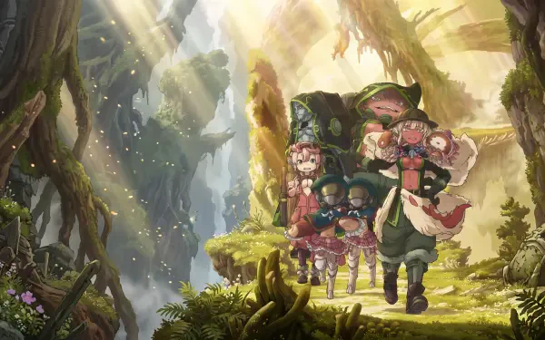 Made in Abyss adventurers exploring a sunlit forest, 5K Ultra HD PC desktop wallpaper and background.
