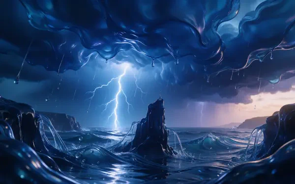 Lightning strikes over a turbulent ocean beneath dark thunderstorm clouds, 4K Ultra HD PC desktop wallpaper and background.