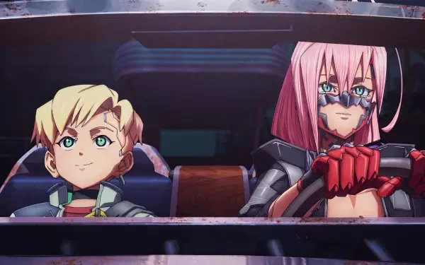 Cyberpunk: Edgerunners 2 anime wallpaper featuring Talia Yang and Roman Carax seated in a car, in 5K Ultra HD for PC desktop.