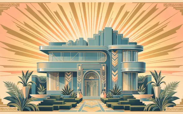 Art Deco modern home building with geometric architecture, tropical palms, and a radiant sunburst, rendered as a 4K Ultra HD PC desktop wallpaper.