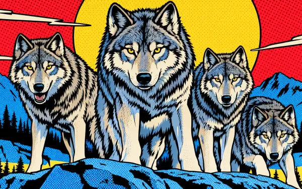 Comic-style wolf pack of four wolves against a bold red, blue, and yellow landscape, 4K Ultra HD PC desktop wallpaper and background.