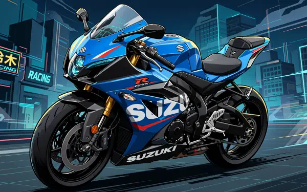 Blue Suzuki racing sportbike in a neon-lit city, featured in a 4K Ultra HD PC desktop wallpaper background.