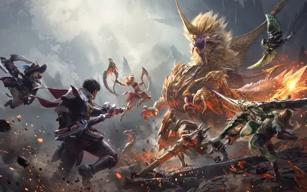 Monster Hunter Outlanders battle with hunters facing a towering beast, shown in a 5K Ultra HD PC desktop wallpaper.