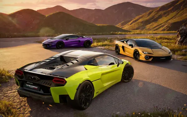 Lime green Lamborghini Temerario Tettonero with purple and yellow sports cars beside a lake, 2K Quad HD PC desktop wallpaper background.